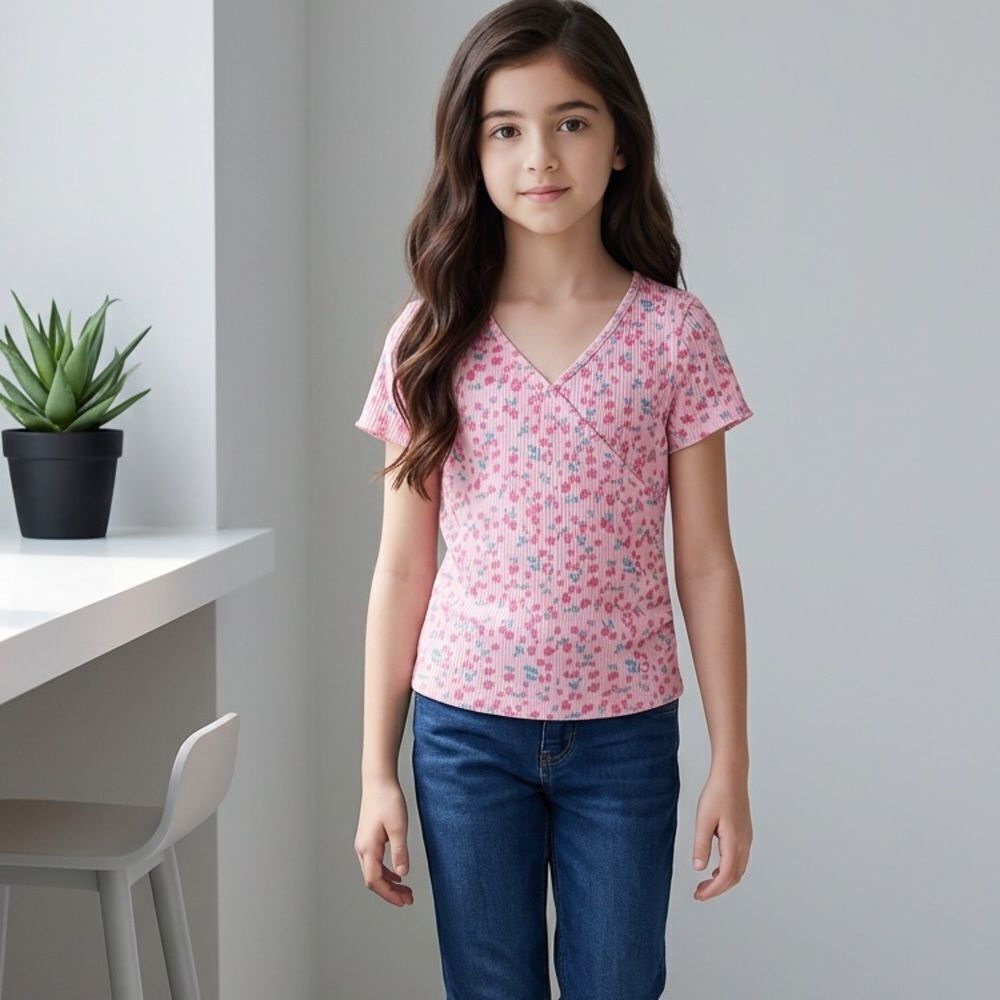 NWOT Btween Girls Pink Short Sleeve V Neck Shirt Top Tie on Side Hem - Size 8